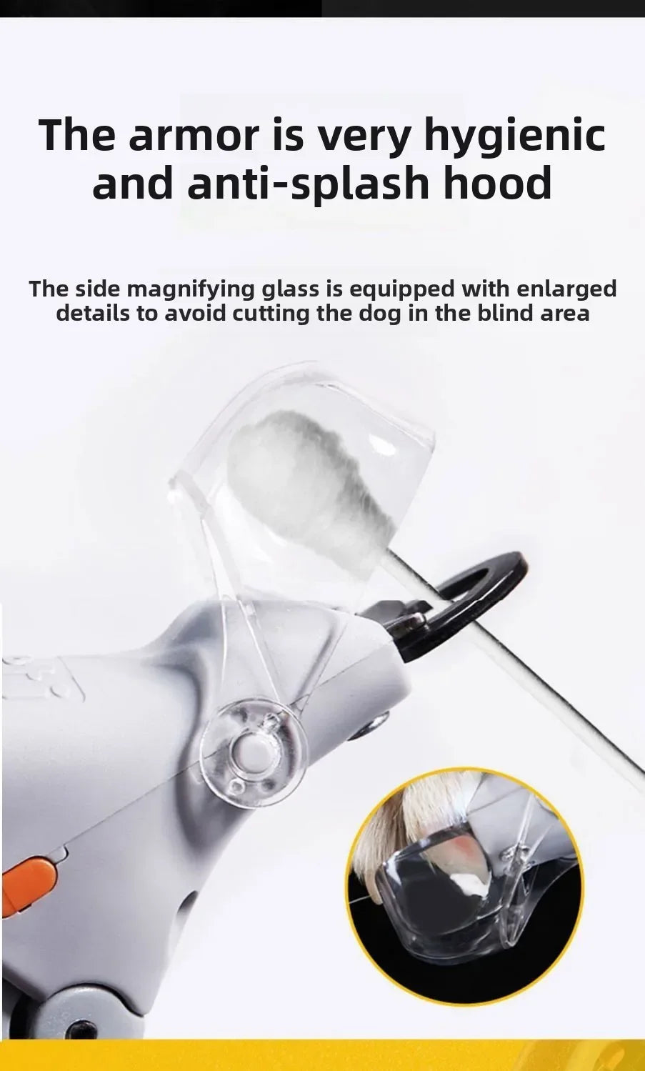 Close-up of a stainless steel pet nail clipper with an enlarged magnifying glass feature.