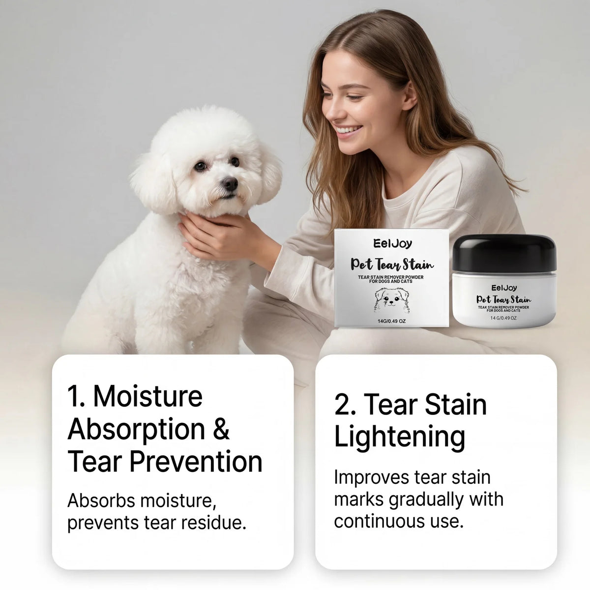 A woman holds a white poodle while displaying a jar of EelJoy Pet Tear Stain Remover Powder for dogs and cats.
