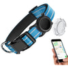 A blue and black waterproof dog collar with reflective strips and a safety buckle shown next to a smartphone.