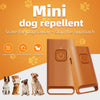 A brown portable ultrasonic dog repellent device shown next to several dogs.