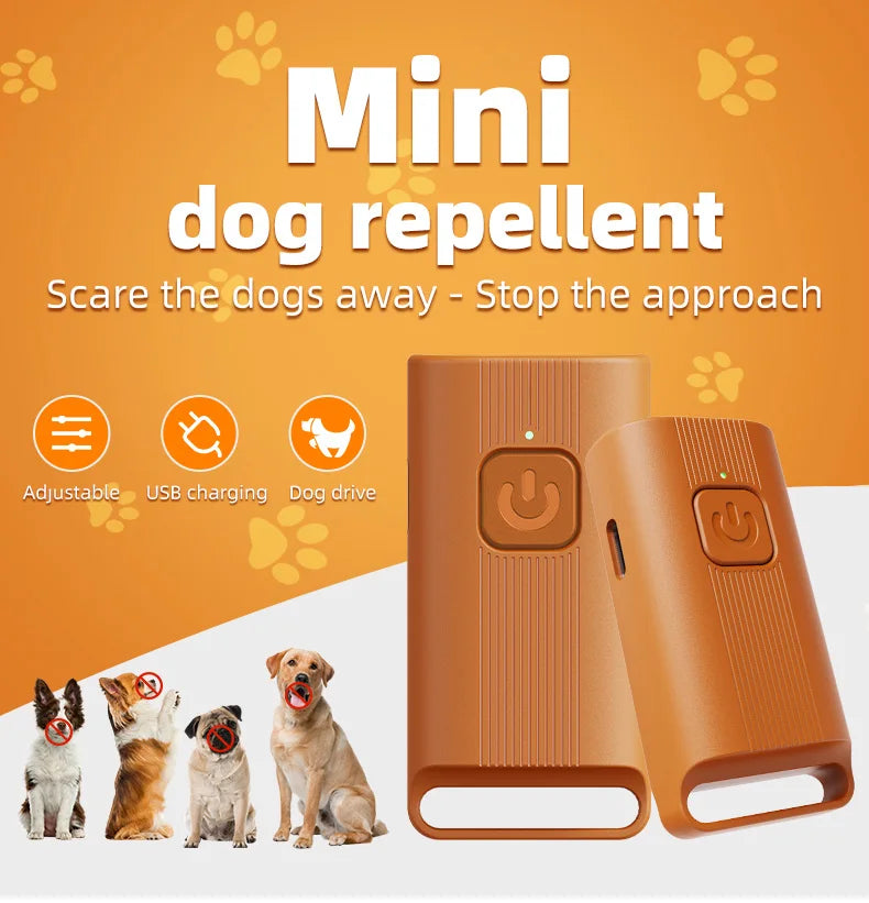A brown portable ultrasonic dog repellent device shown next to several dogs.