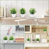 Three potted artificial bonsai plants displayed on a light wood shelf and a kitchen counter.