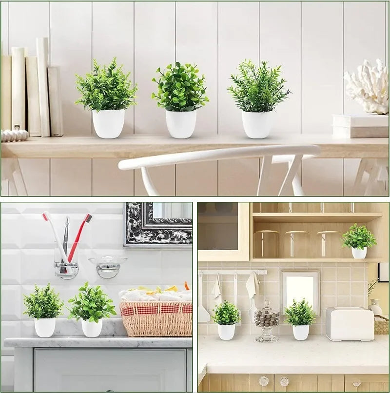 Three potted artificial bonsai plants displayed on a light wood shelf and a kitchen counter.