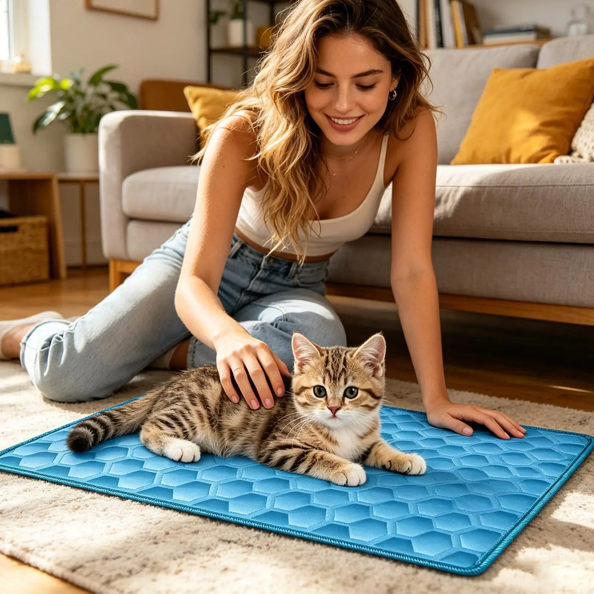 A young woman is petting a small tabby kitten lying on a blue self-cooling dog mat.