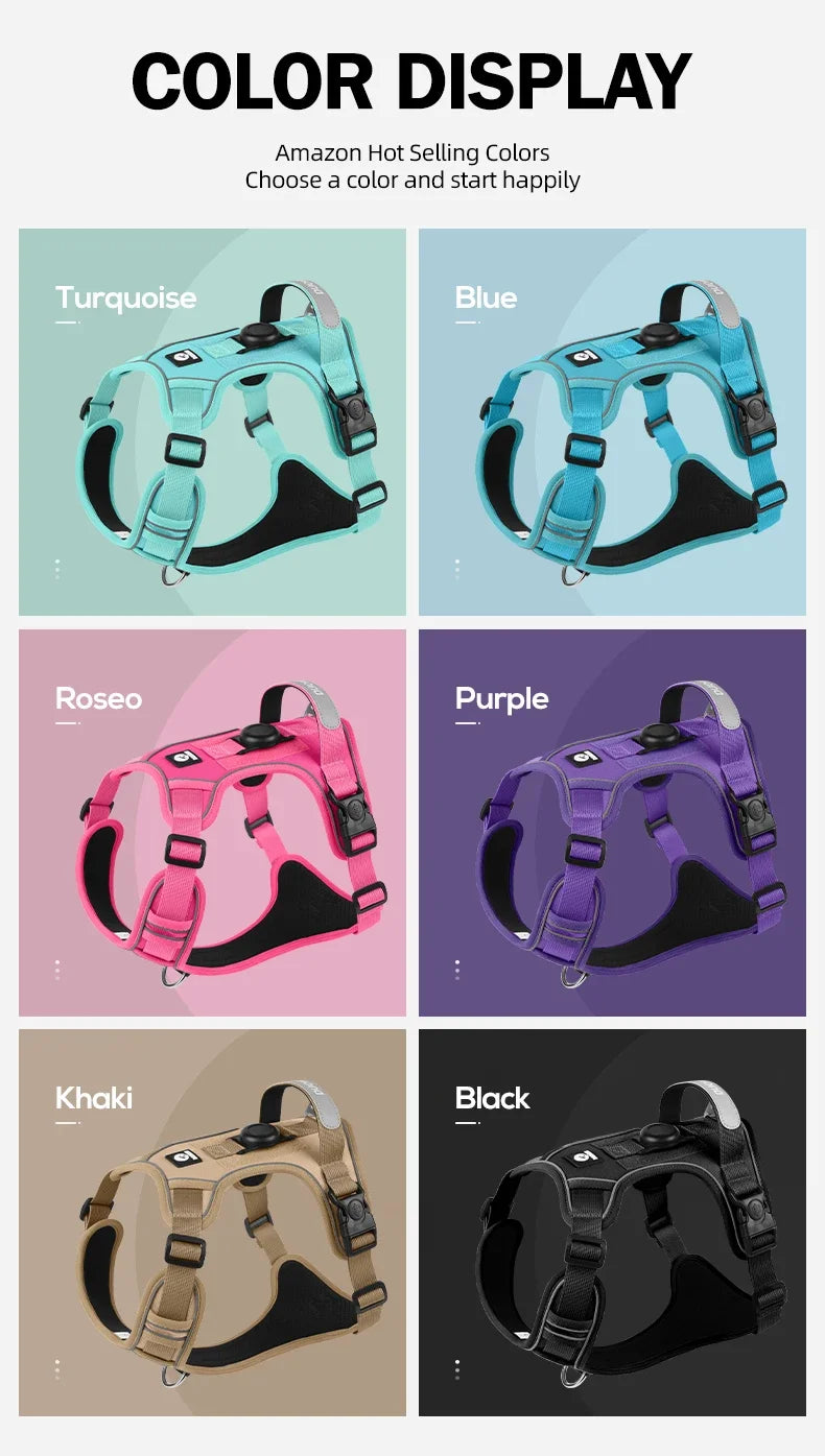 A collection of dog harnesses in various colors including turquoise, blue, rose, khaki, and black.