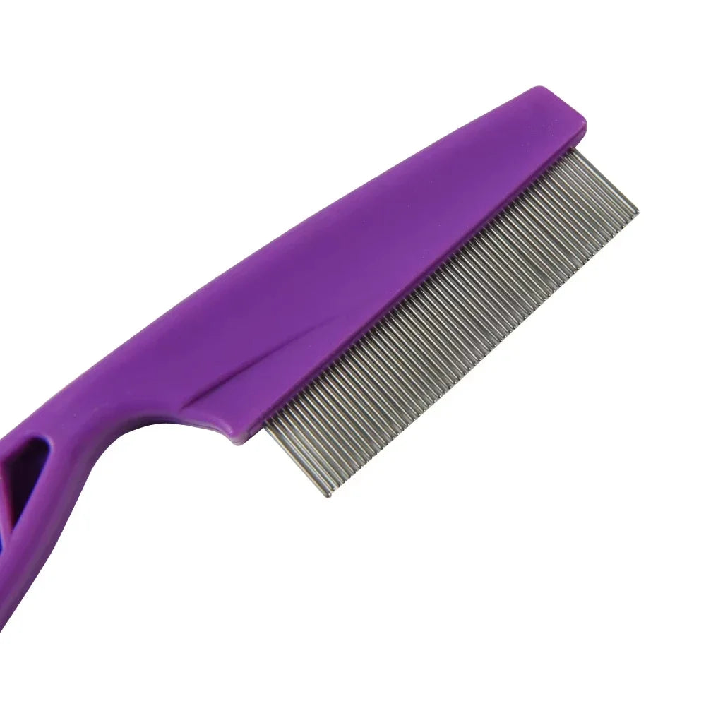 A purple stainless steel pet grooming comb with fine teeth shown from the side.