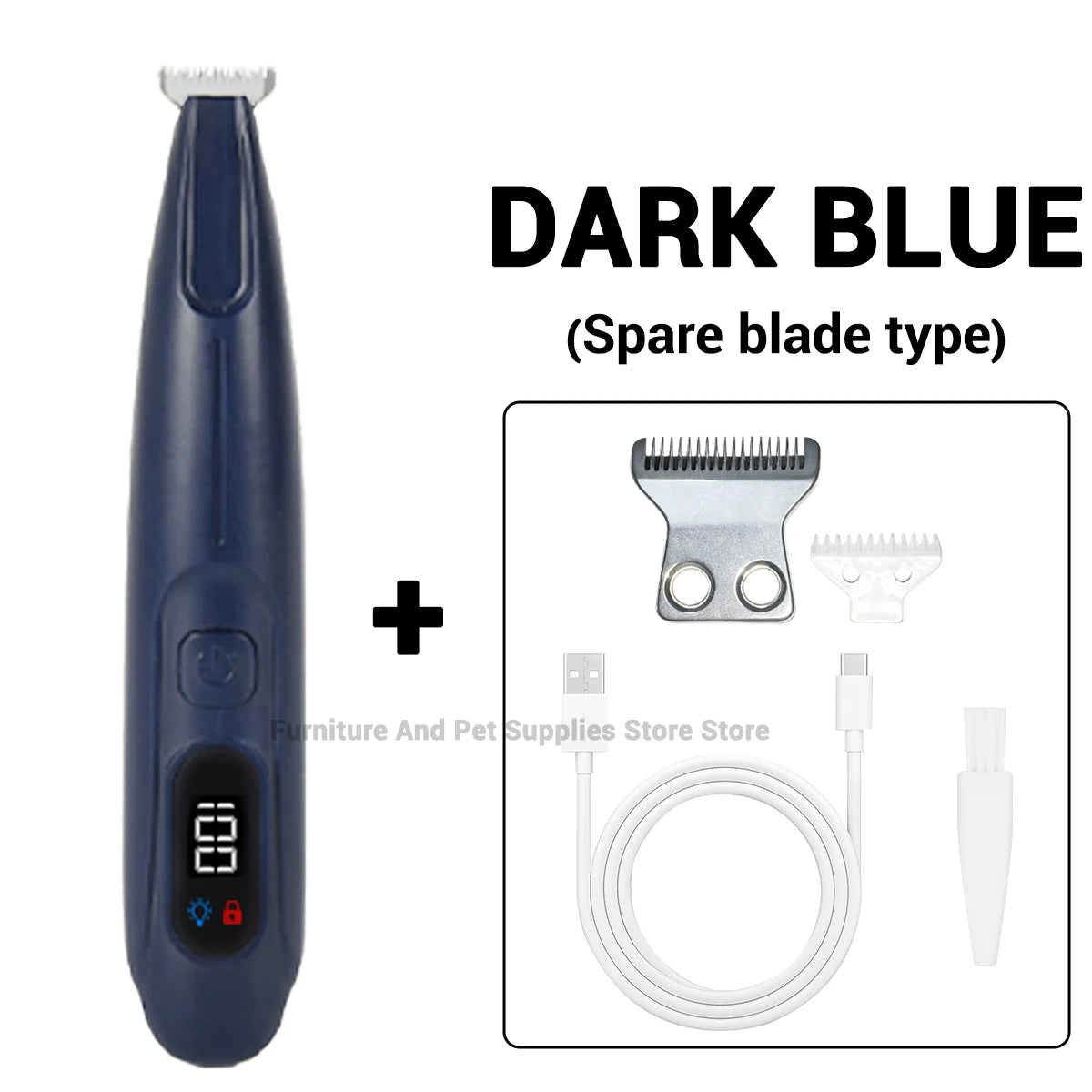 Dunkelblaue Haartrimmer für Haustiere mit Ersatzklinge und Ladekabel