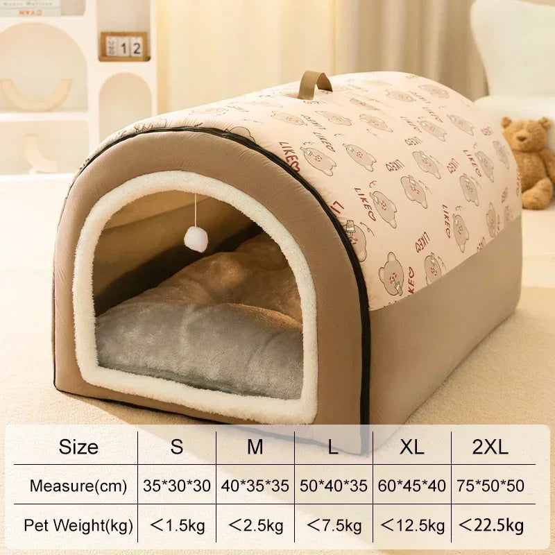 A beige pet bed for dogs and cats with a removable inner lining shown in a studio setting.