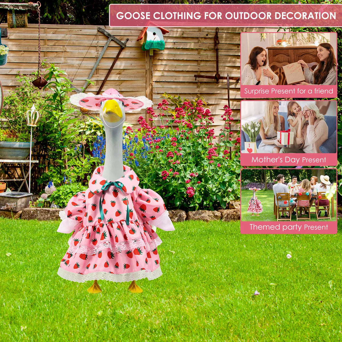 A pink goose clothing item with a long neck for outdoor decoration displayed on a green lawn.