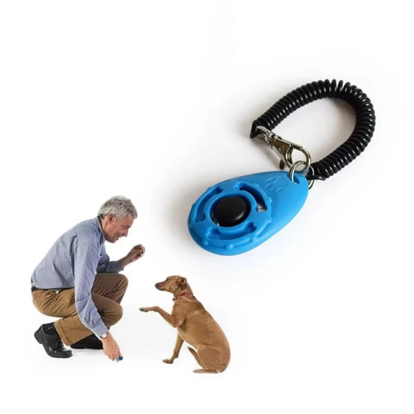 A blue dog training clicker with a black strap is shown next to an older man and a dog.