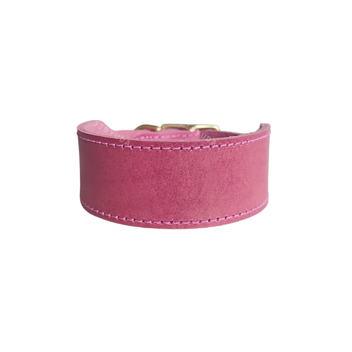 A solid pink genuine leather extra wide dog collar with a brass buckle.