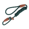 A dark green reflective P-shape dog leash with brown leather accents.