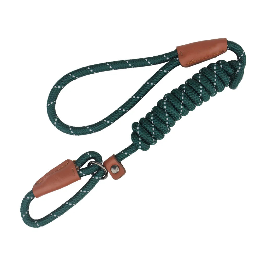 A dark green reflective P-shape dog leash with brown leather accents.