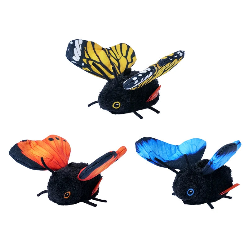 Two plush butterfly cat toys, one yellow and black, and one blue and black.