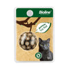 A sticker featuring a black cat next to a ball made of silvervine for catnip play.