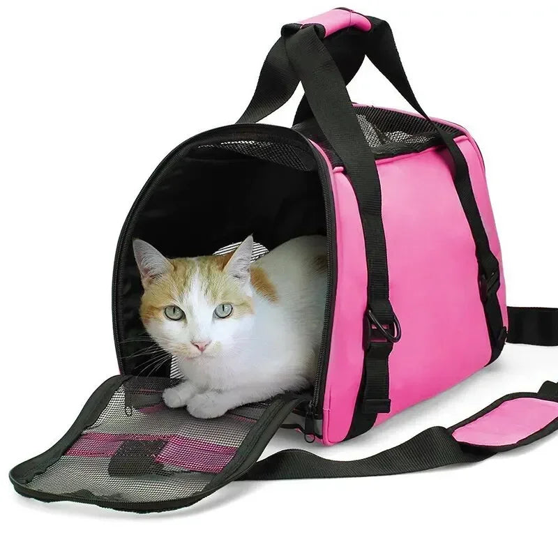 Rosa faltbarer Transportbehälter für Haustiere mit schwarzem Netz und einer weißen Katze darin.