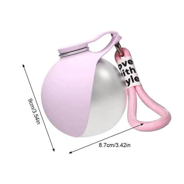 A pink and silver 2-in-1 leak-proof dog water bottle with a removable silicone bowl and strap.