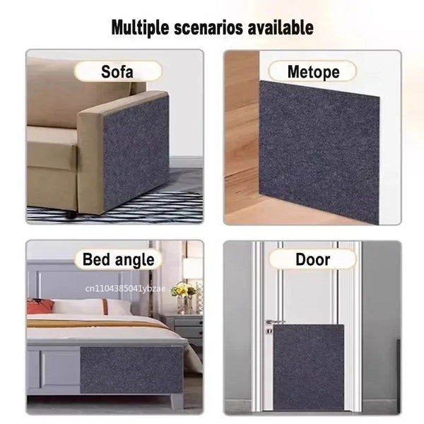 Various scenarios showing a self-adhesive anti-scratch mat used as a sofa protector pad, metope, bed angle, and door cover.
