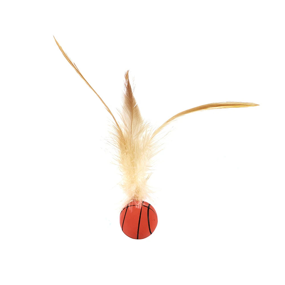 A single light brown cat feather is shown next to a red and black bouncy ball.