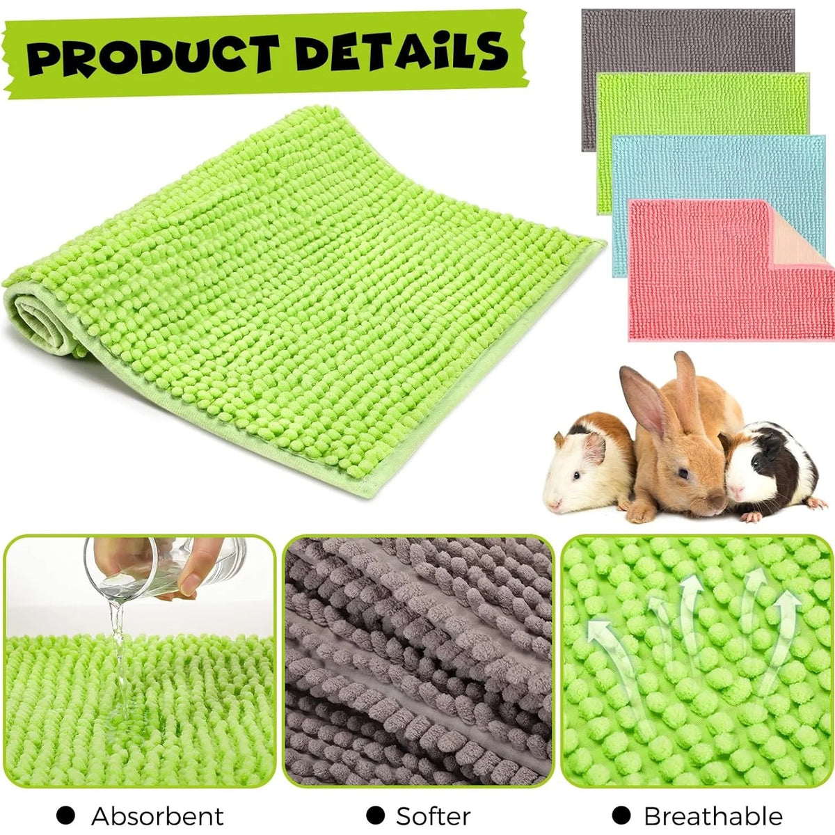 A set of four green, pink, blue, and gray washable fleece cage liners for small pets.