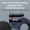 Close-up of a blue retractable dog leash with a black multifunctional box attached for easy access to poop bags or snacks.
