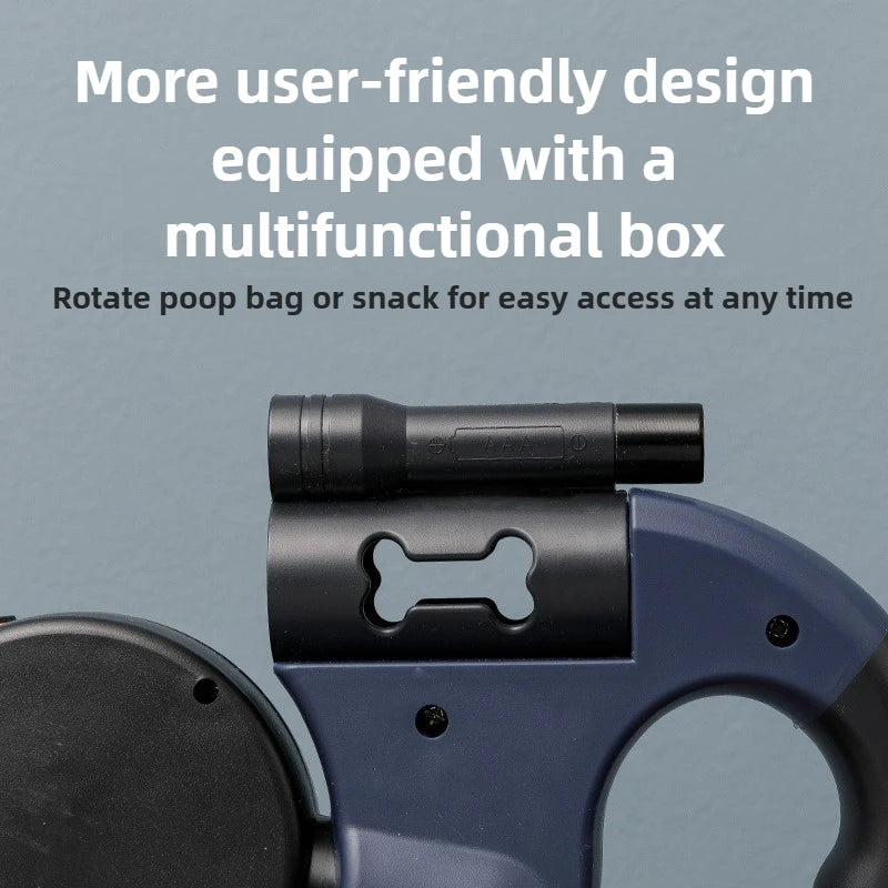 Close-up of a blue retractable dog leash with a black multifunctional box attached for easy access to poop bags or snacks.