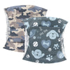 Three washable dog belly bands in camouflage and blue patterns for male dogs