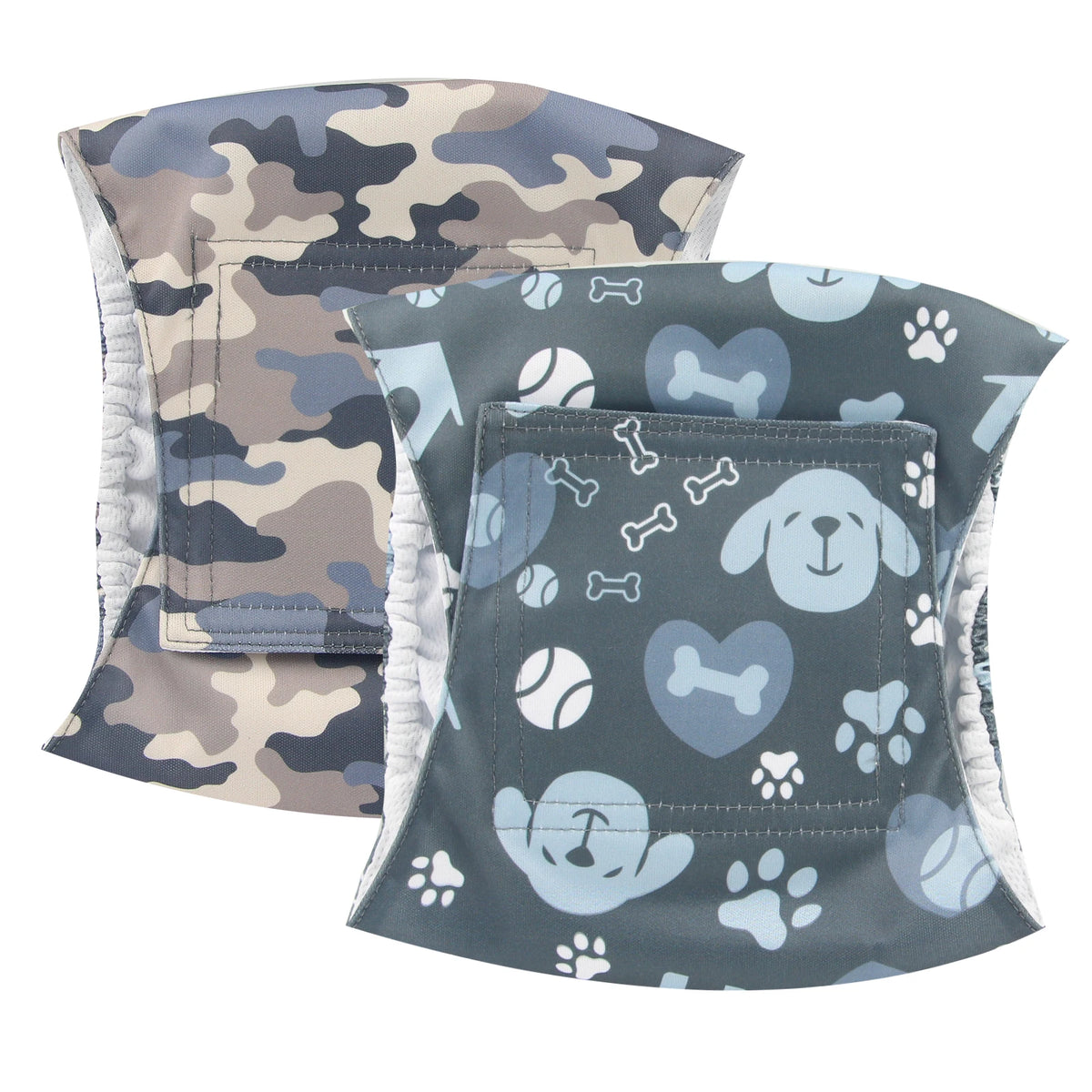 Three washable dog belly bands in camouflage and blue patterns for male dogs