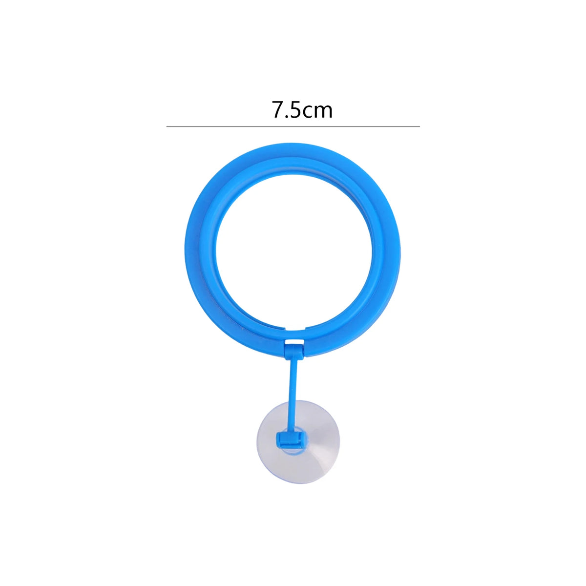 Un comedero para peces de forma múltiple azul brillante con un disco pequeño, mide 7.5 cm.