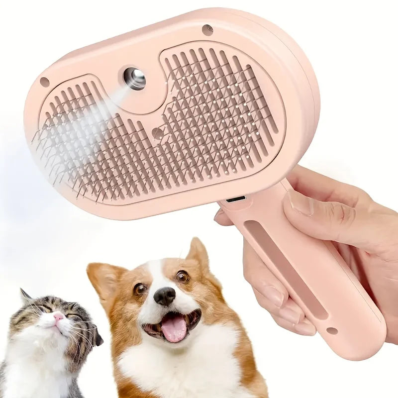 A hand holds a pink steam pet hair remover device, with a cat and a dog visible in the background.