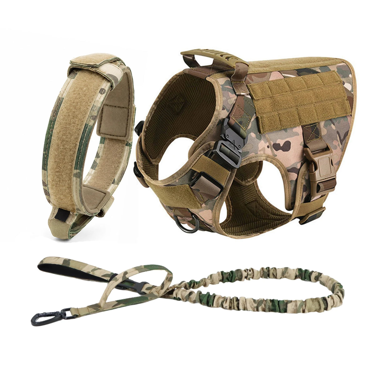 Tactical dog harness set including a collar, harness, and leash with MOLLE pouches for large breeds