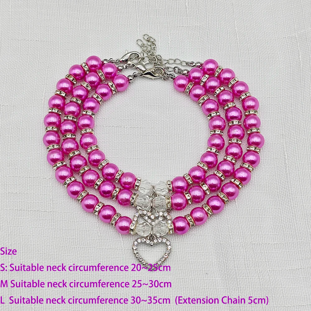 Pearl Pet Necklace with Heart-Shaped Rhinestone Pendant