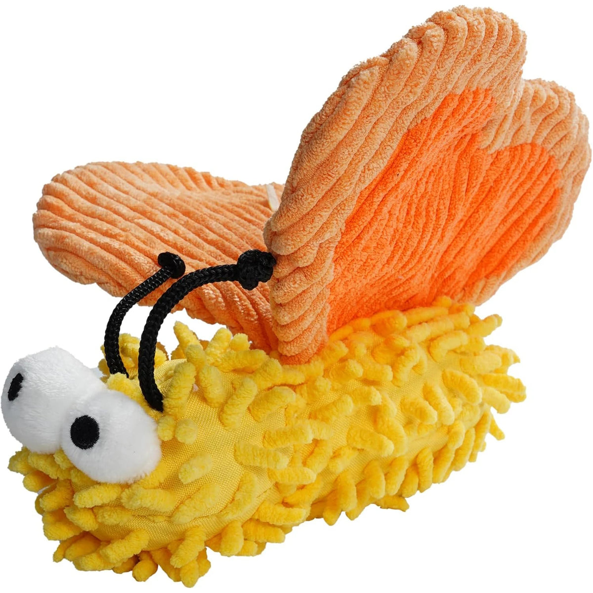 A plush squeaky dog toy featuring an orange crinkle texture and a yellow body with white features.