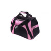 A pink and black portable foldable pet carrier for cats, dogs, and puppies.