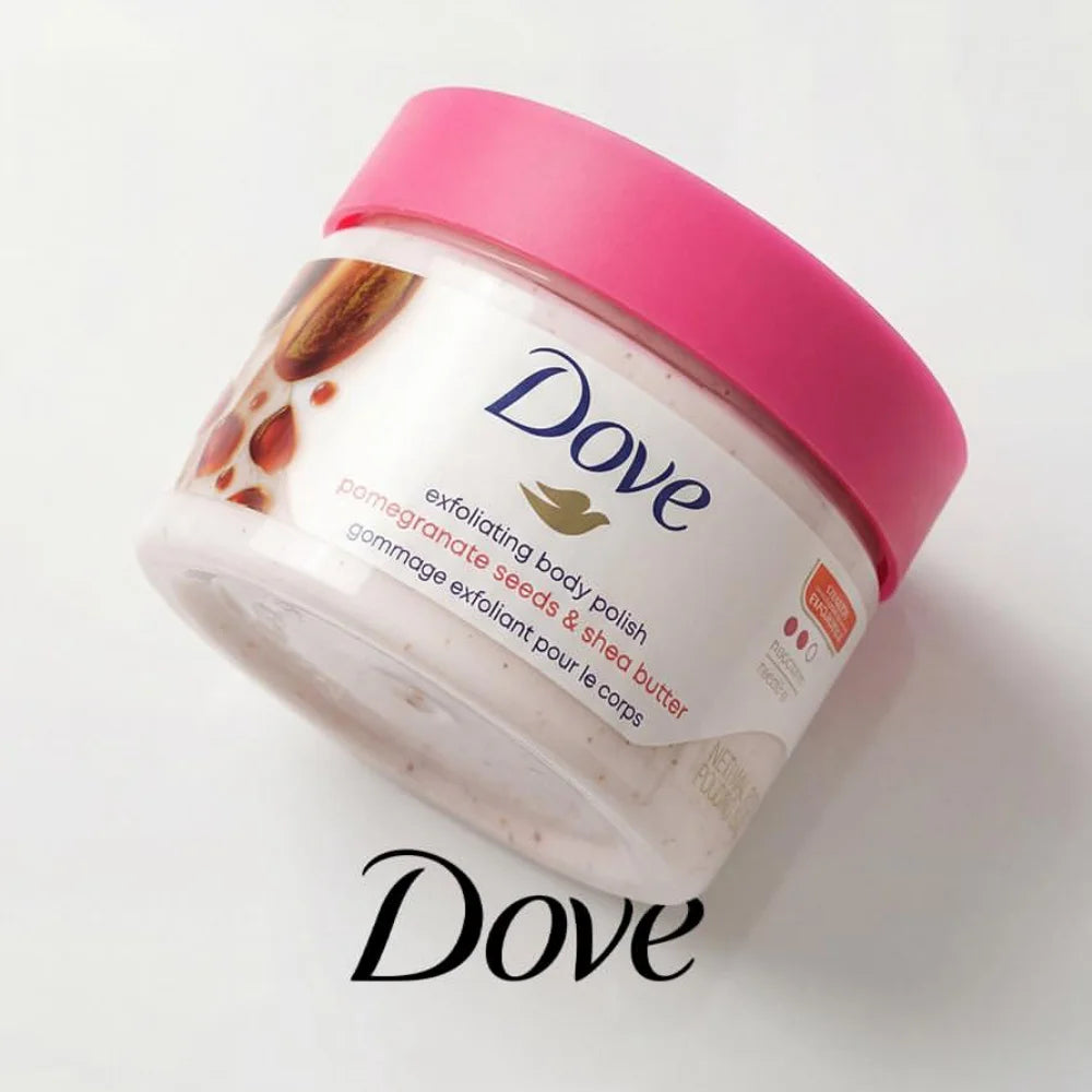 A jar of Dove exfoliating body polish with a pink lid and light pink scrub inside.