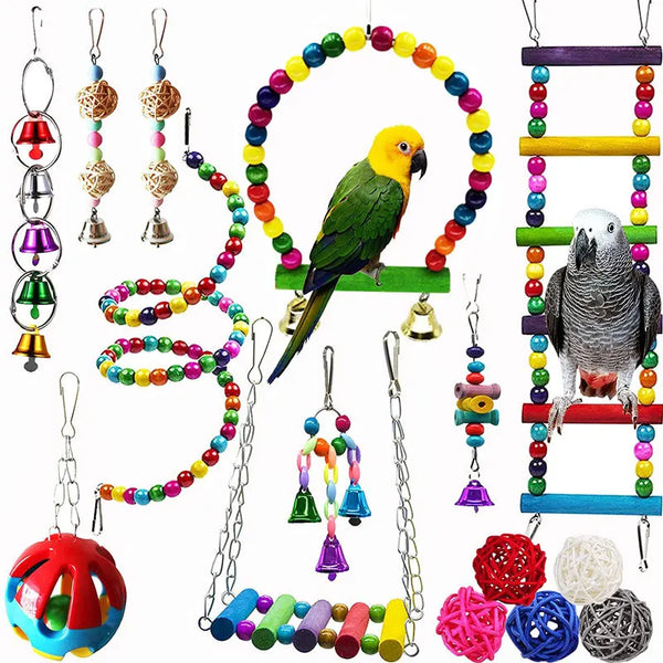 A collection of natural wooden swing and chewing toys for parrots, including rings, beads, and a large swing.