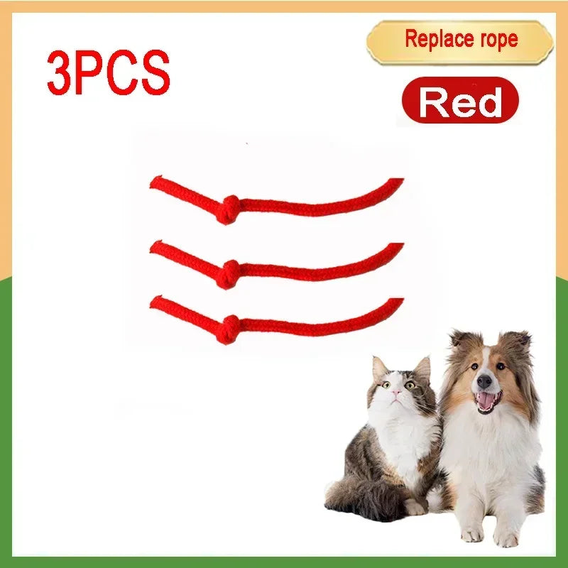 Three red rope toys for an interactive prey-simulating pet toy ball