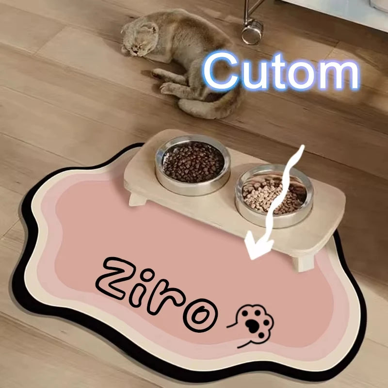 A pet feeding mat featuring a cute cat and the word Ziro, designed for feeding pets.