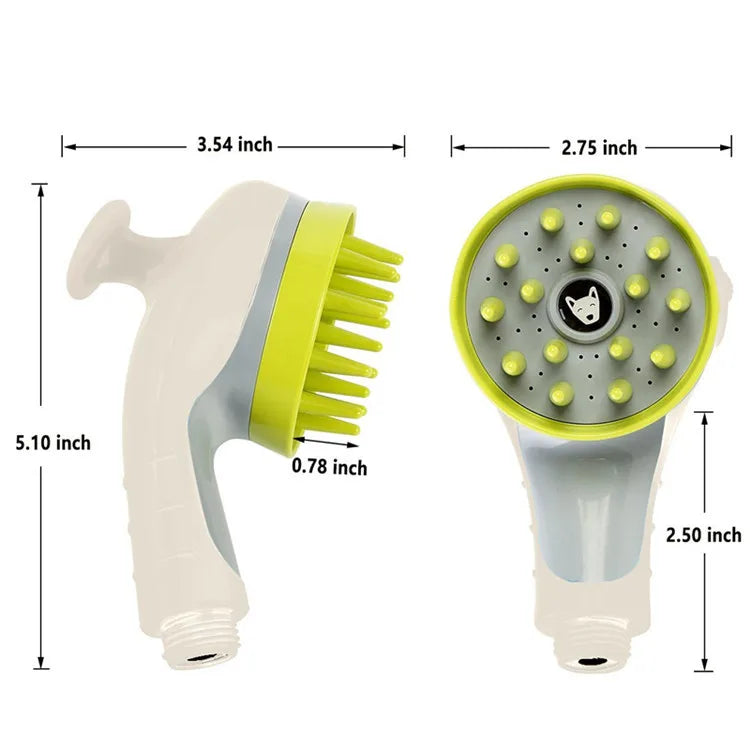 A white and lime green pressurized pet bath nozzle for dogs and cats, shown with dimensions.
