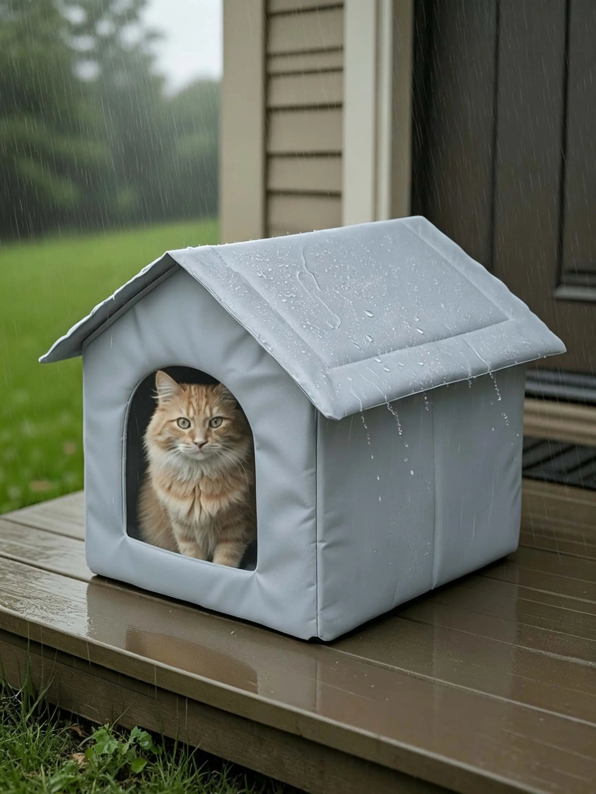 A gray waterproof insulated cat house with a removable cover sits on a wooden deck in the rain.
