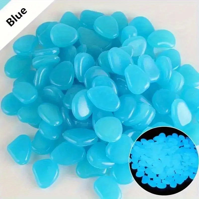 A pile of bright blue glow-in-the-dark decorative stones for planters and vases.