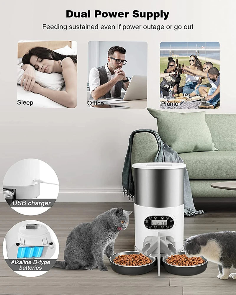Dispensador automático inteligente para mascotas con cuenco de acero inoxidable