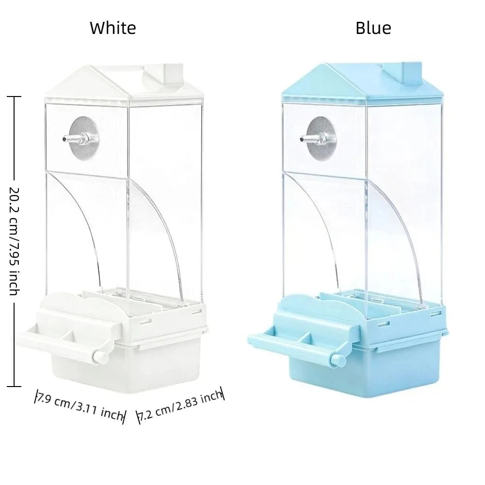 A white and blue clear automatic bird feeder with a spill-resistant hanging design shown from the side.
