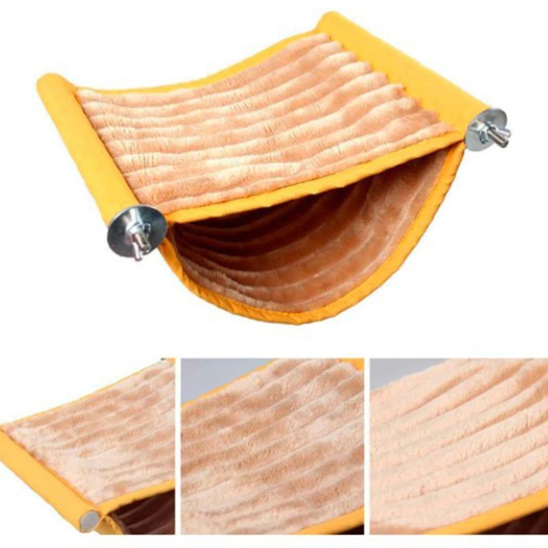 A yellow cozy fleece bird hammock for parrots shown open, displaying the soft orange lining.