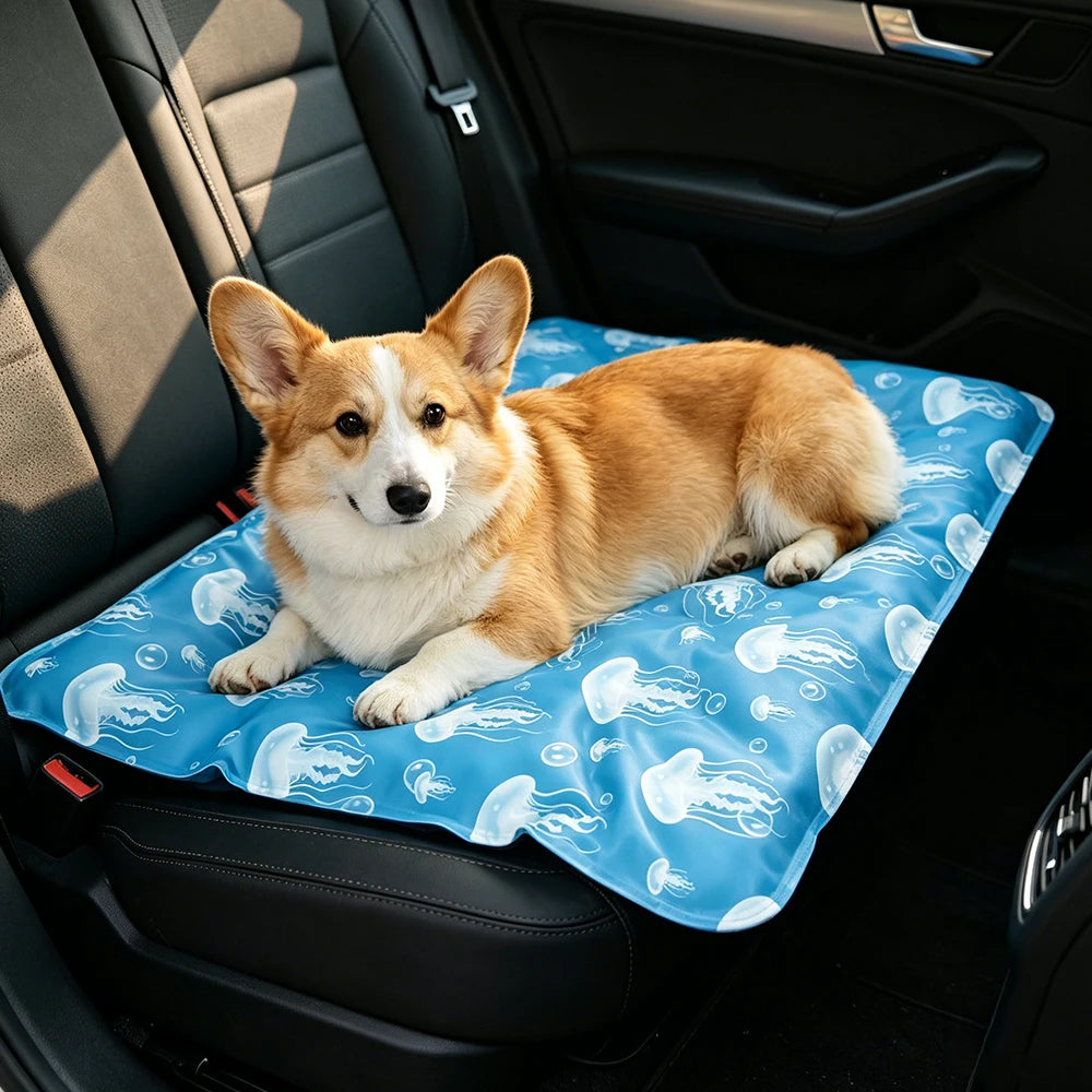 Ein flauschiger, hellbraun-weißer Hund liegt auf einer blauen Hundekühlmatte in einem Auto.