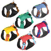 A collection of five adjustable padded dog harness vests in various colors including black, green, blue, yellow, and pink.