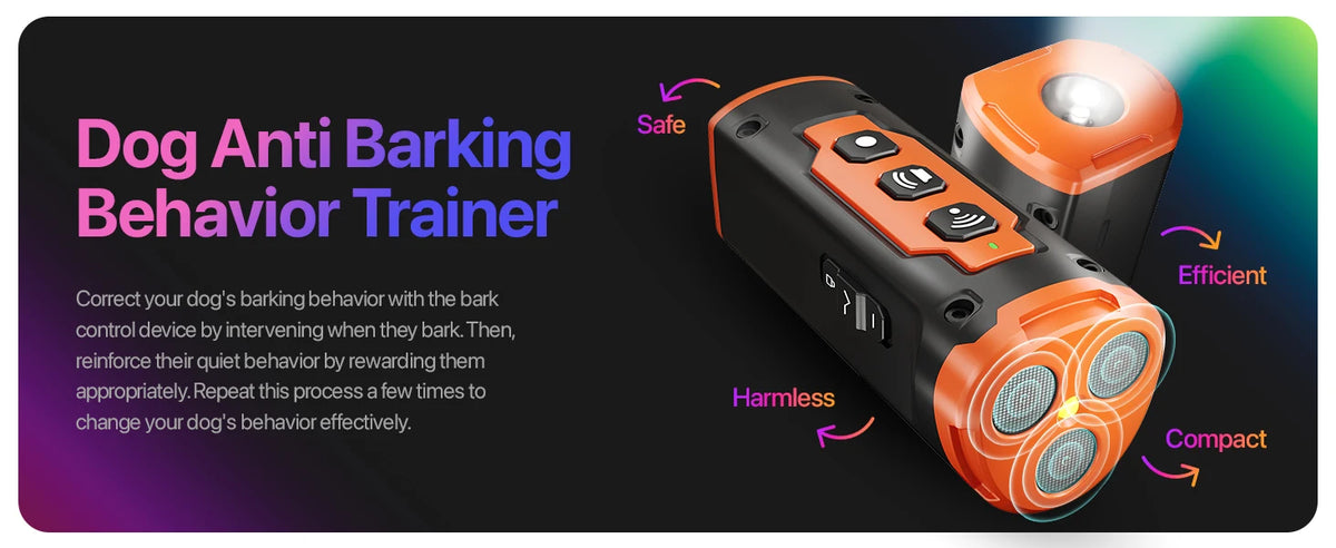 Entrenador de comportamiento canino ultrasónico negro con detalles naranjas y linterna LED, junto a una unidad separada