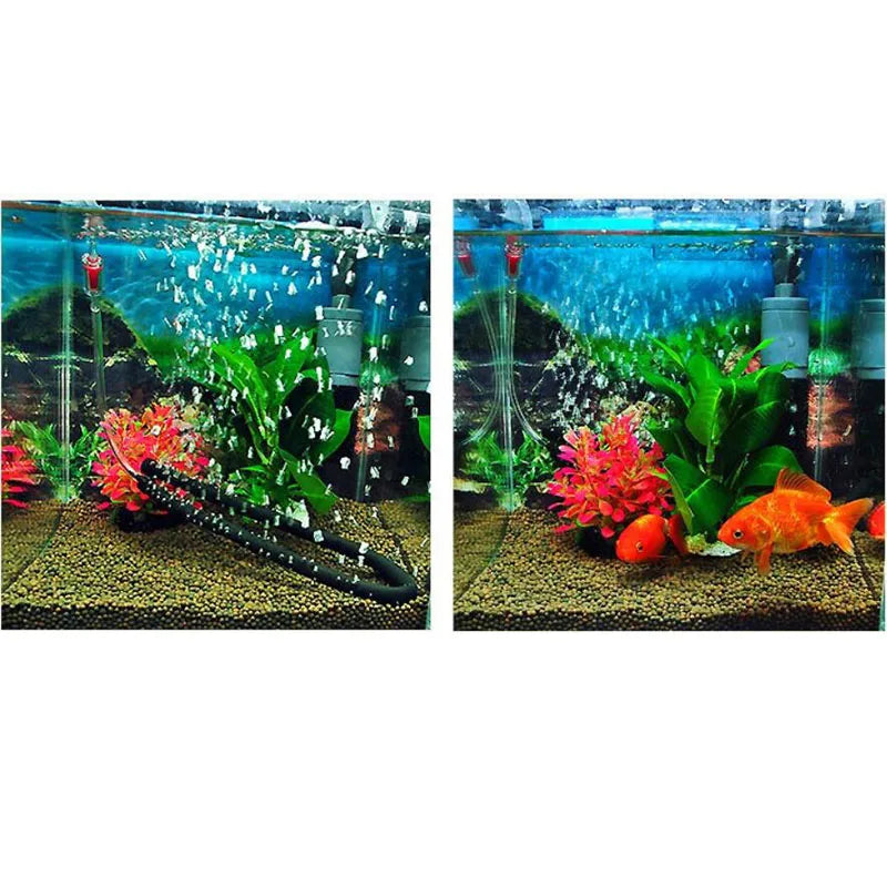 Paille d'air flexible pour aquarium avec bulles, visible dans un bocal rempli de plantes aquatiques et de poissons.