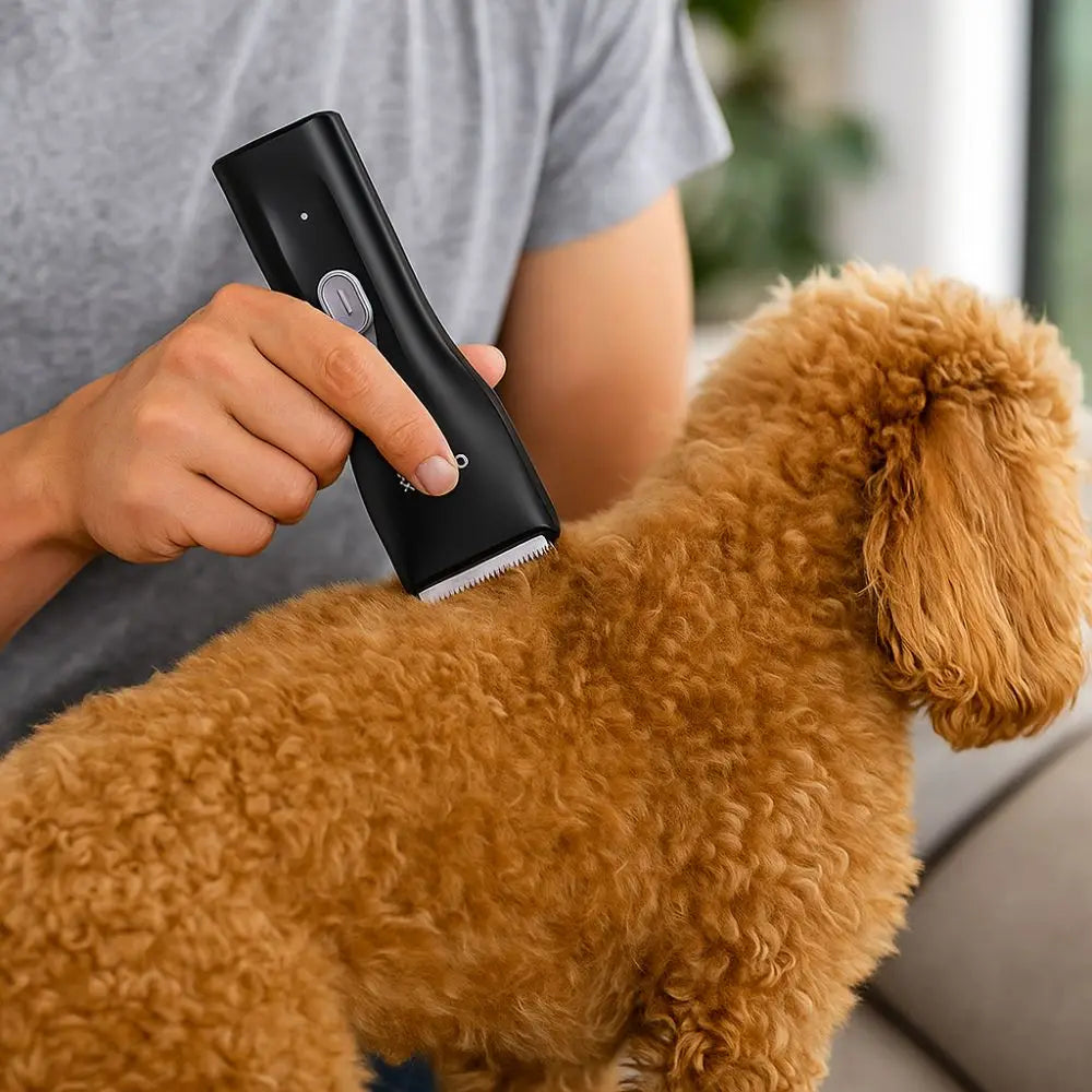 Una persona usa un cortador de pelo portátil negro para recortar el pelaje de un perro de color dorado.