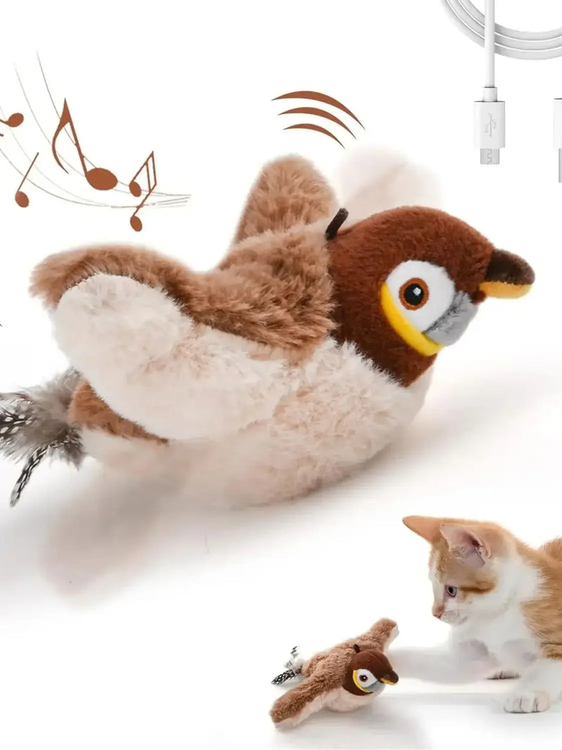 Jouet pour chat en peluche d'oiseau interactif et gazouillant